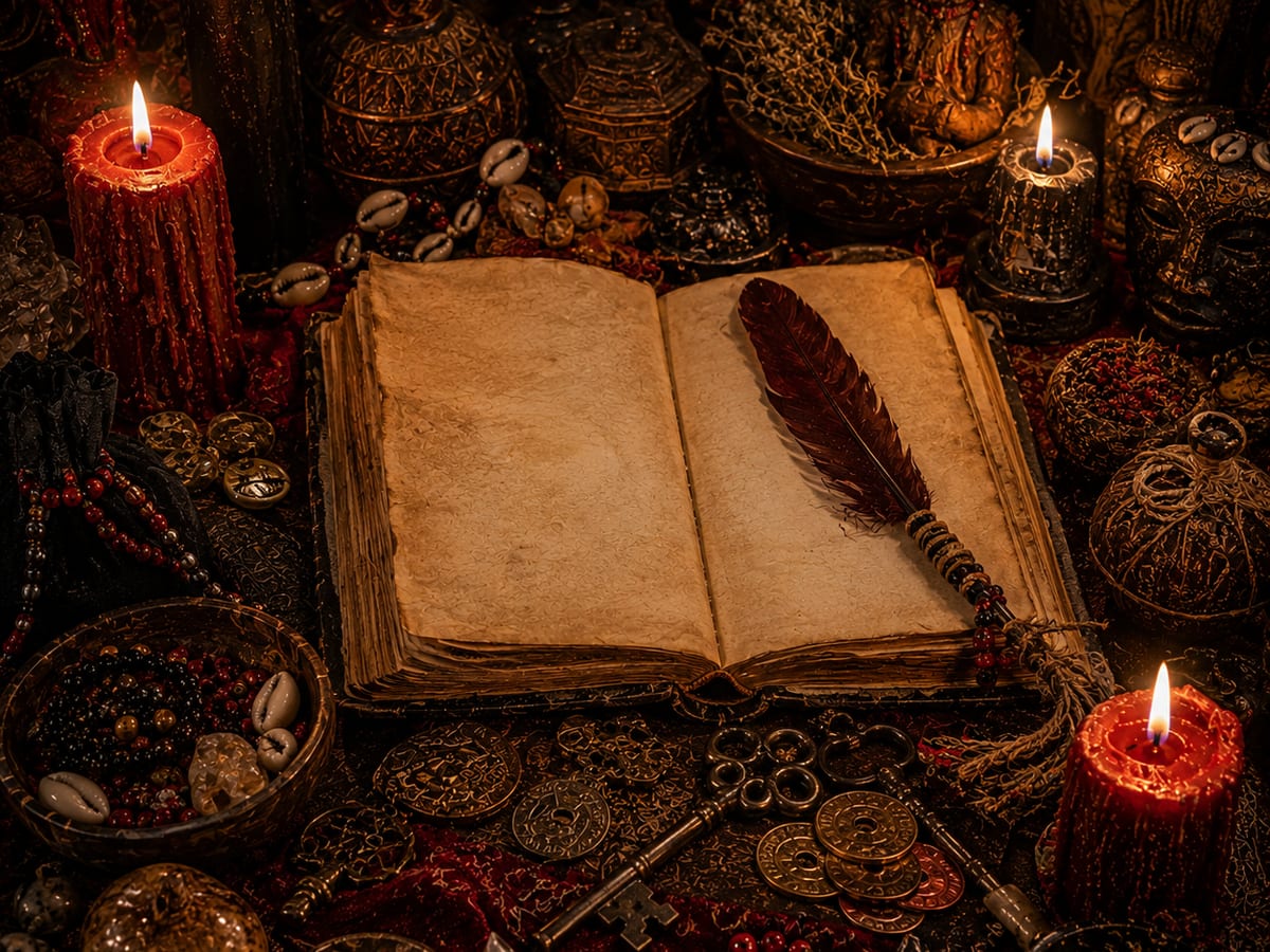 Grimoire ouvert, plume, clés anciennes et cauris à la lueur d’une bougie