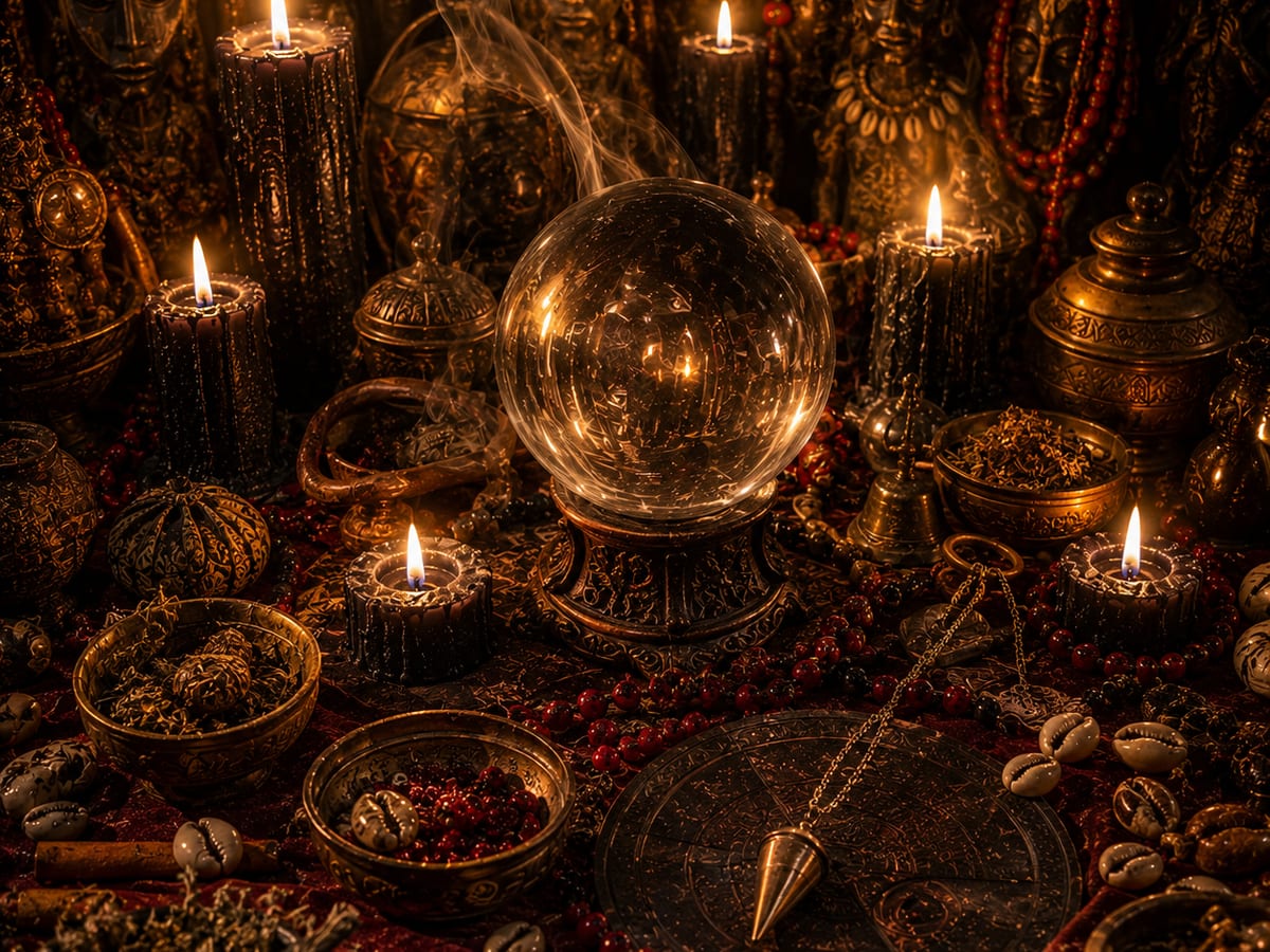 Boule de cristal et pendule posés sur un disque gravé